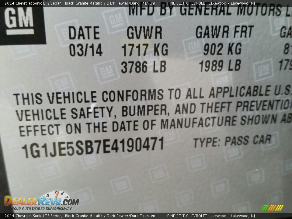 2014 Chevrolet Sonic LTZ Sedan Black Granite Metallic / Dark Pewter/Dark Titanium Photo #17