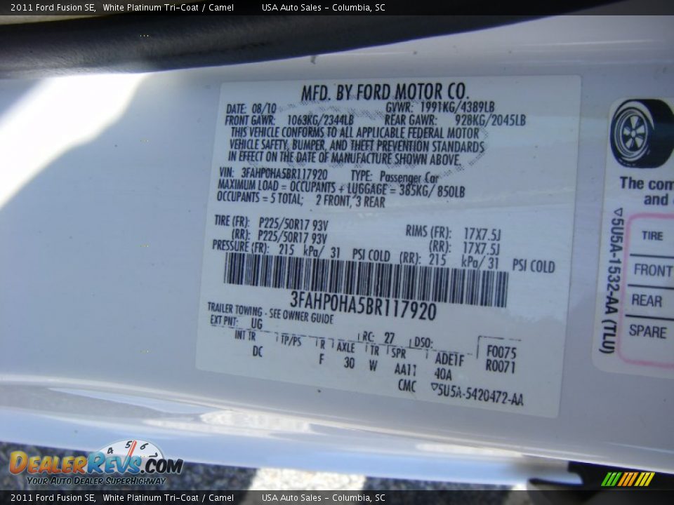 2011 Ford Fusion SE White Platinum Tri-Coat / Camel Photo #17
