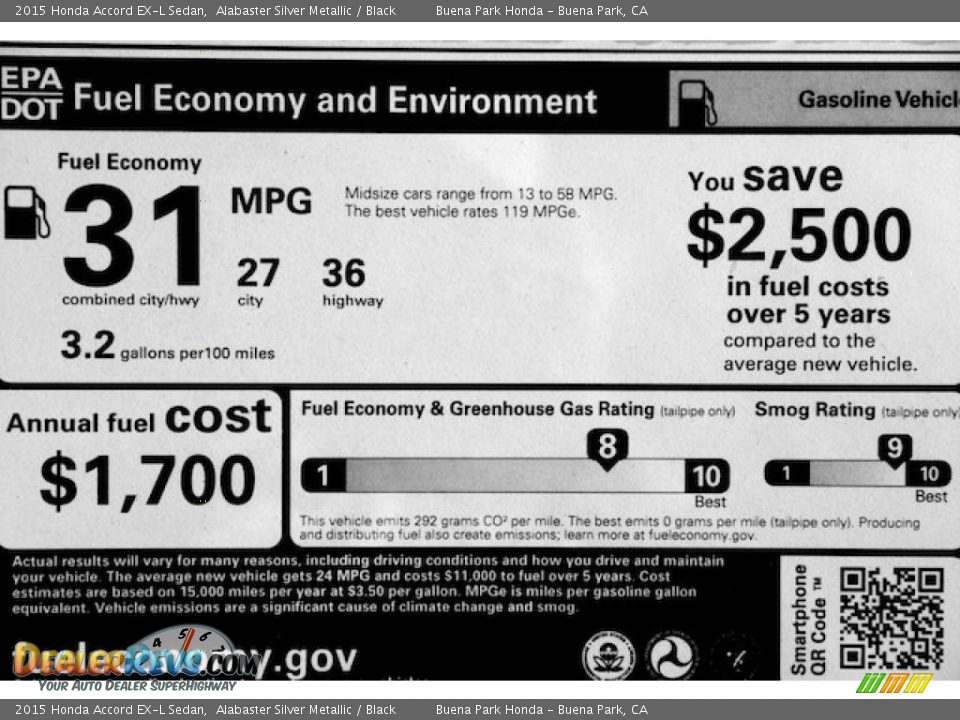 2015 Honda Accord EX-L Sedan Alabaster Silver Metallic / Black Photo #21