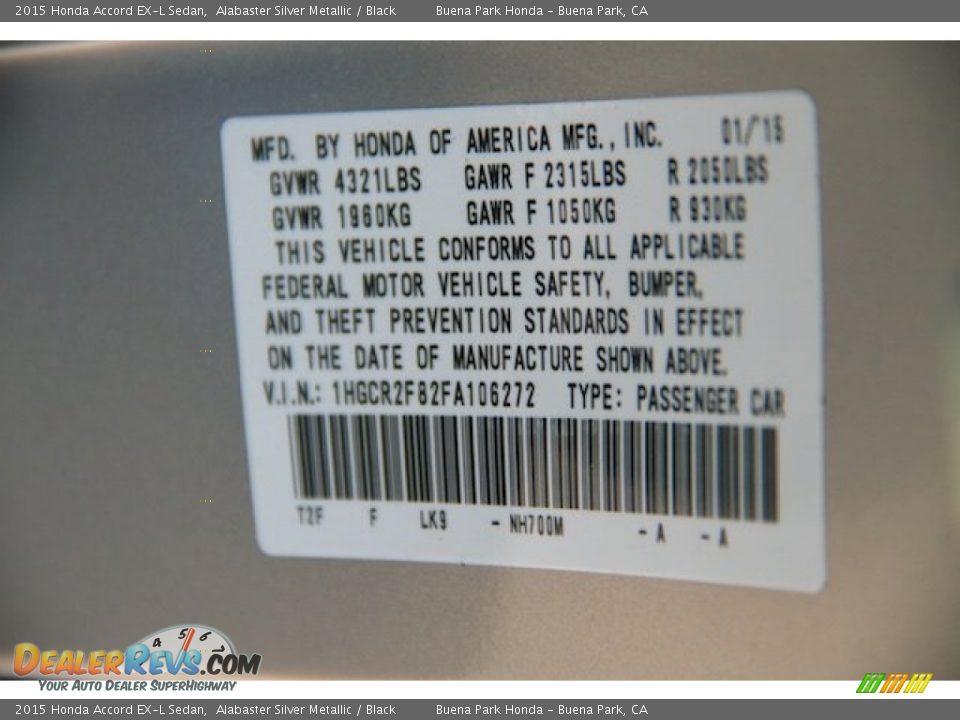2015 Honda Accord EX-L Sedan Alabaster Silver Metallic / Black Photo #22
