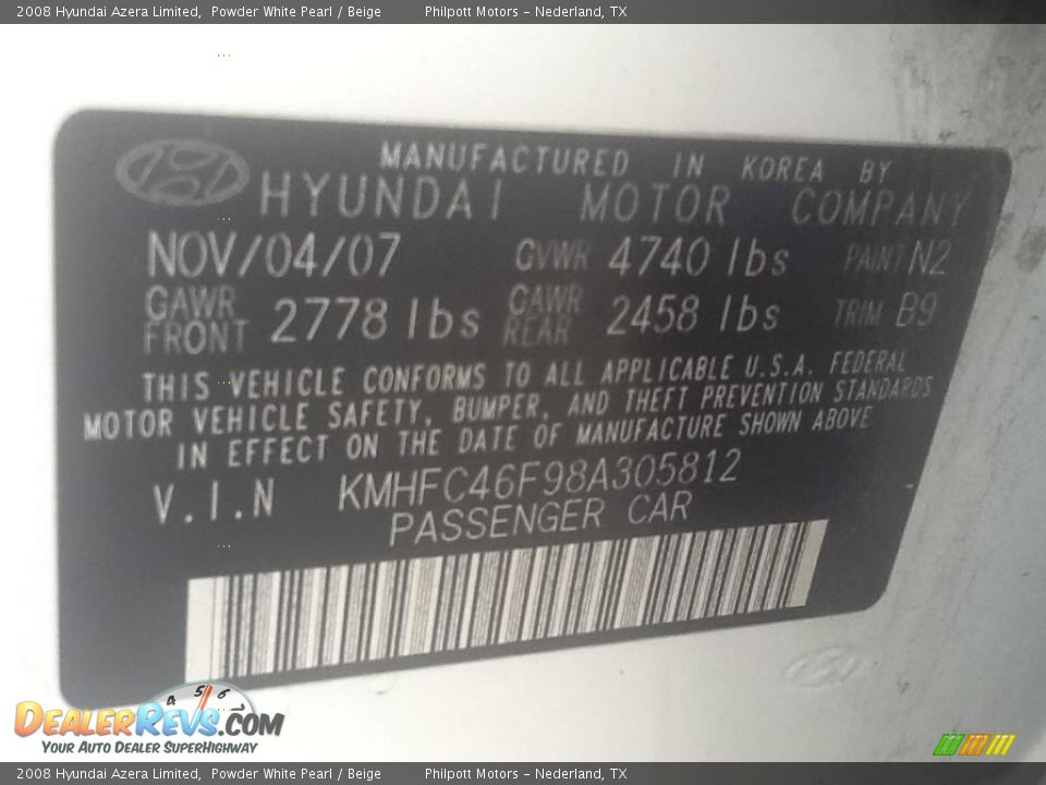 2008 Hyundai Azera Limited Powder White Pearl / Beige Photo #6