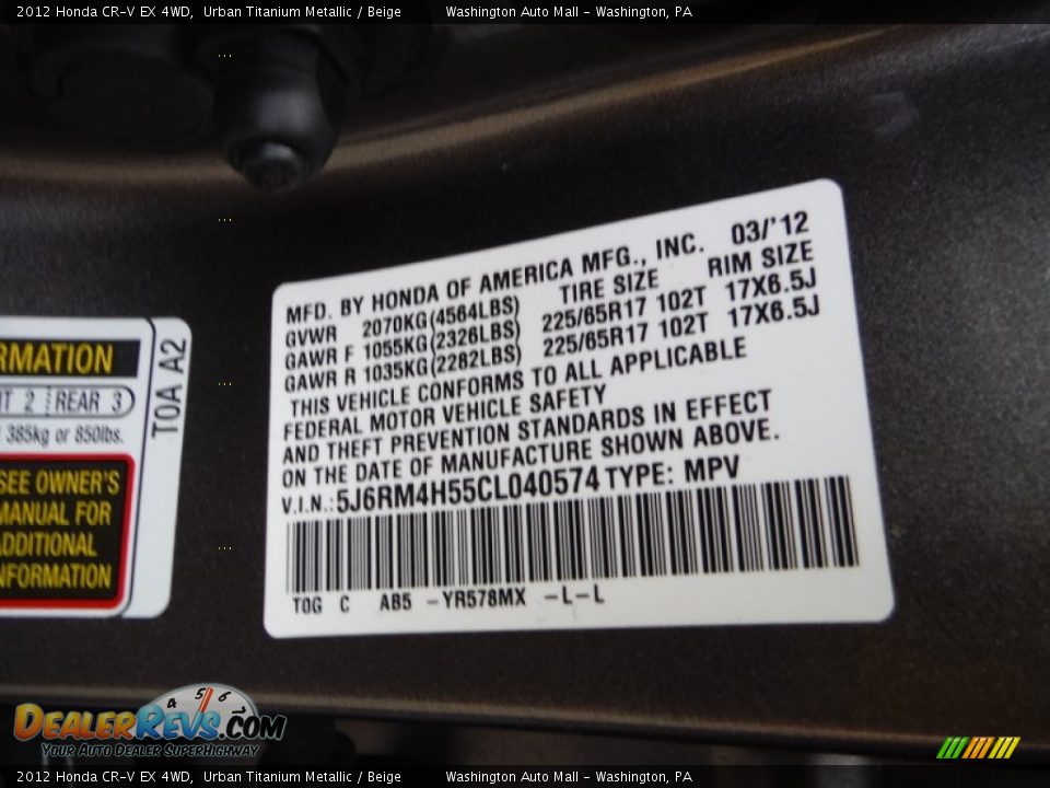 2012 Honda CR-V EX 4WD Urban Titanium Metallic / Beige Photo #19