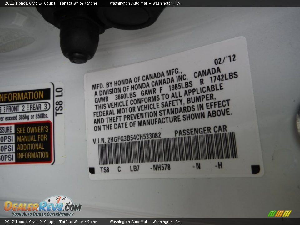 2012 Honda Civic LX Coupe Taffeta White / Stone Photo #19