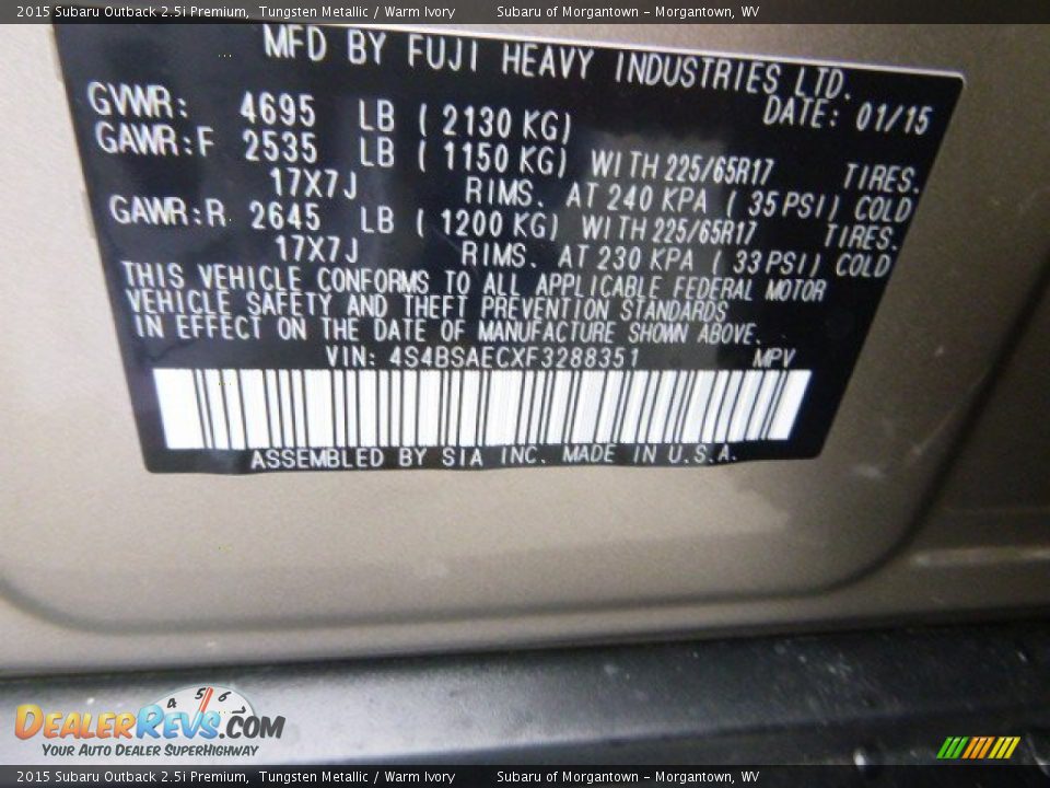 2015 Subaru Outback 2.5i Premium Tungsten Metallic / Warm Ivory Photo #17