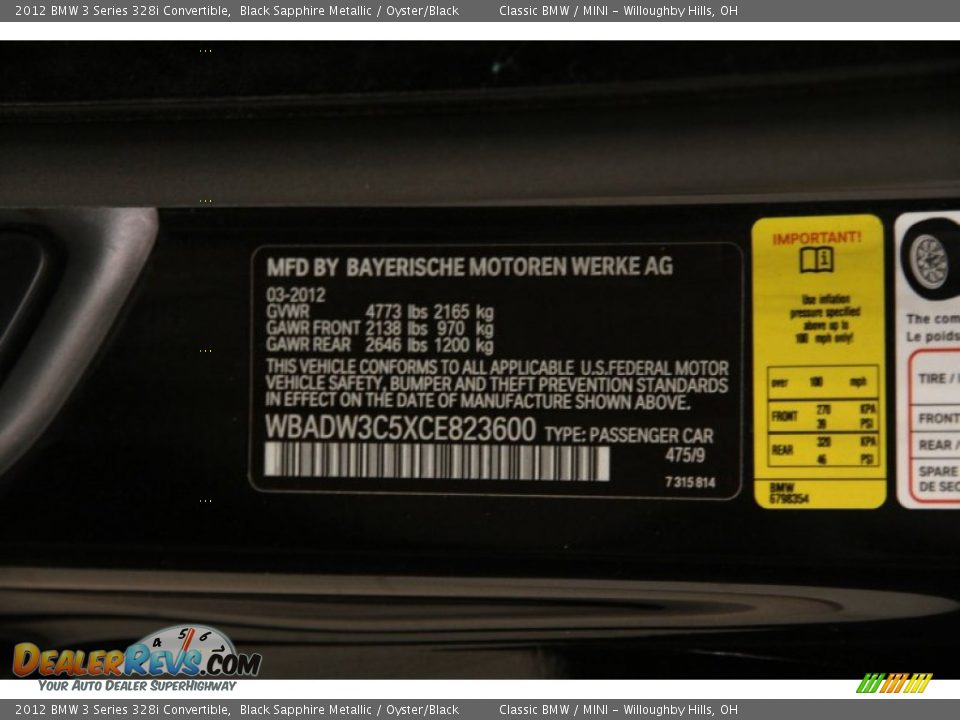 2012 BMW 3 Series 328i Convertible Black Sapphire Metallic / Oyster/Black Photo #20