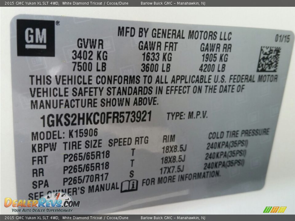2015 GMC Yukon XL SLT 4WD White Diamond Tricoat / Cocoa/Dune Photo #7