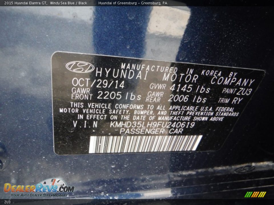Hyundai Color Code ZU3 Windy Sea Blue