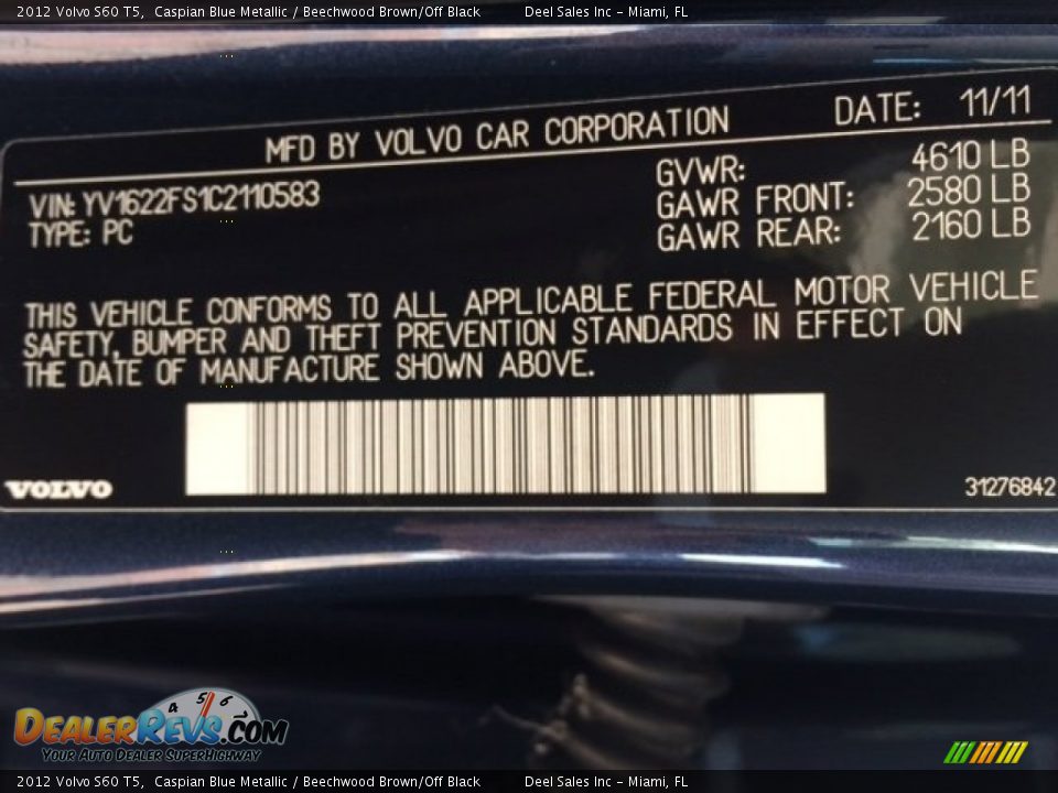 2012 Volvo S60 T5 Caspian Blue Metallic / Beechwood Brown/Off Black Photo #15