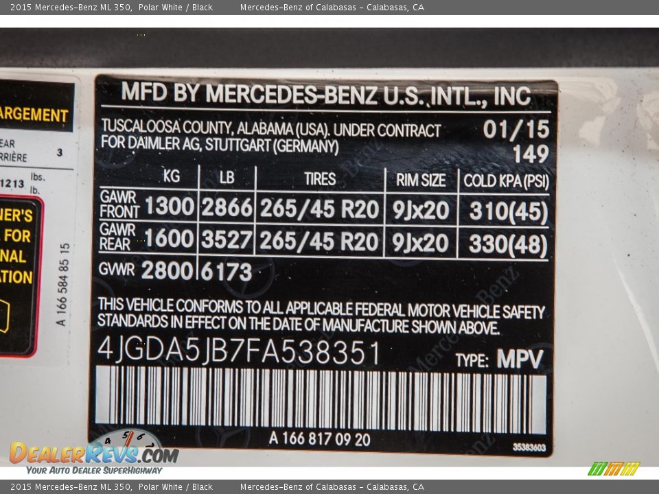 2015 Mercedes-Benz ML 350 Polar White / Black Photo #7