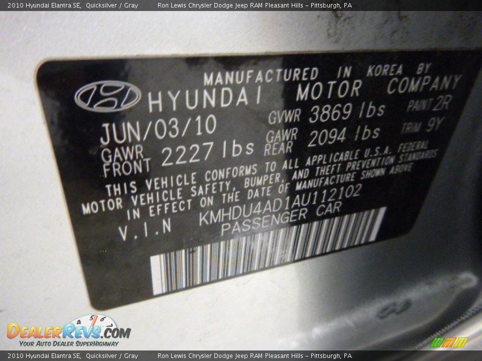 2010 Hyundai Elantra SE Quicksilver / Gray Photo #19