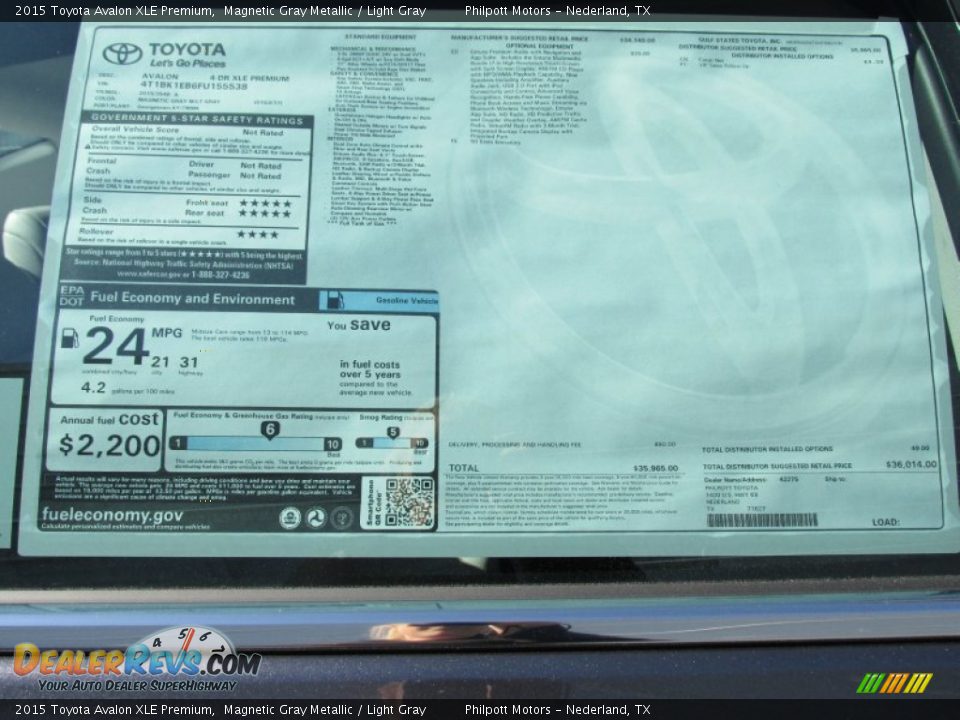 2015 Toyota Avalon XLE Premium Magnetic Gray Metallic / Light Gray Photo #34