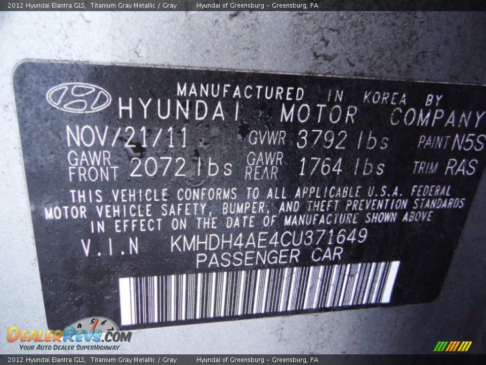 2012 Hyundai Elantra GLS Titanium Gray Metallic / Gray Photo #24