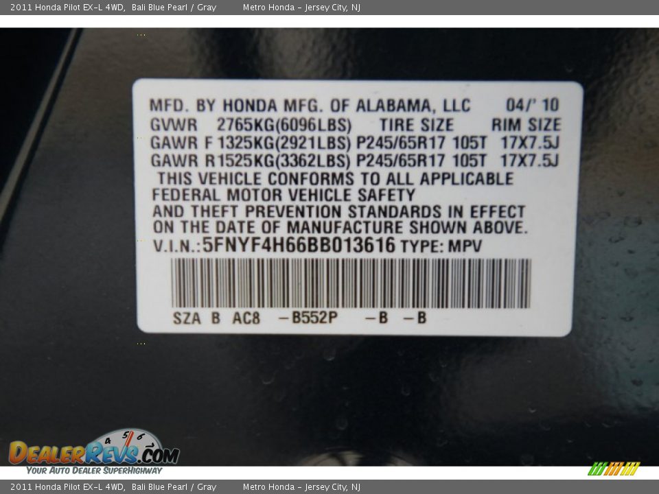 2011 Honda Pilot EX-L 4WD Bali Blue Pearl / Gray Photo #32
