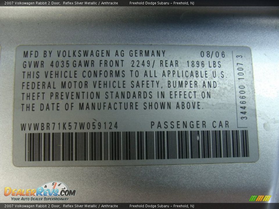 2007 Volkswagen Rabbit 2 Door Reflex Silver Metallic / Anthracite Photo #21