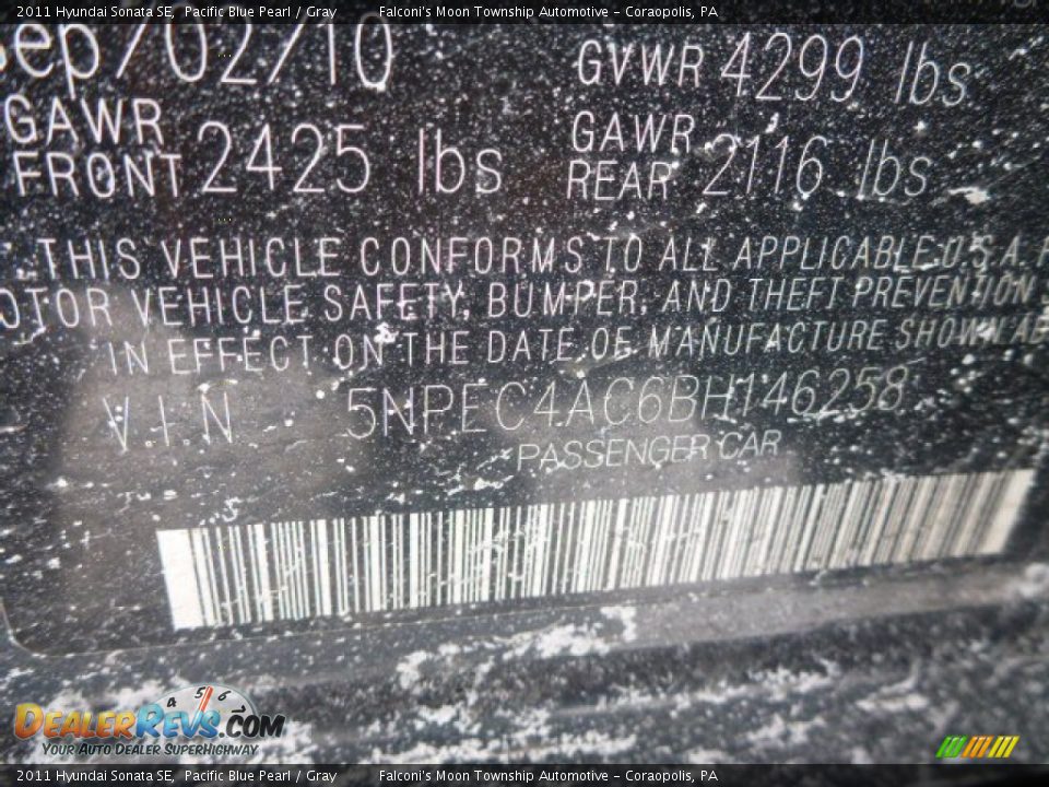 2011 Hyundai Sonata SE Pacific Blue Pearl / Gray Photo #2