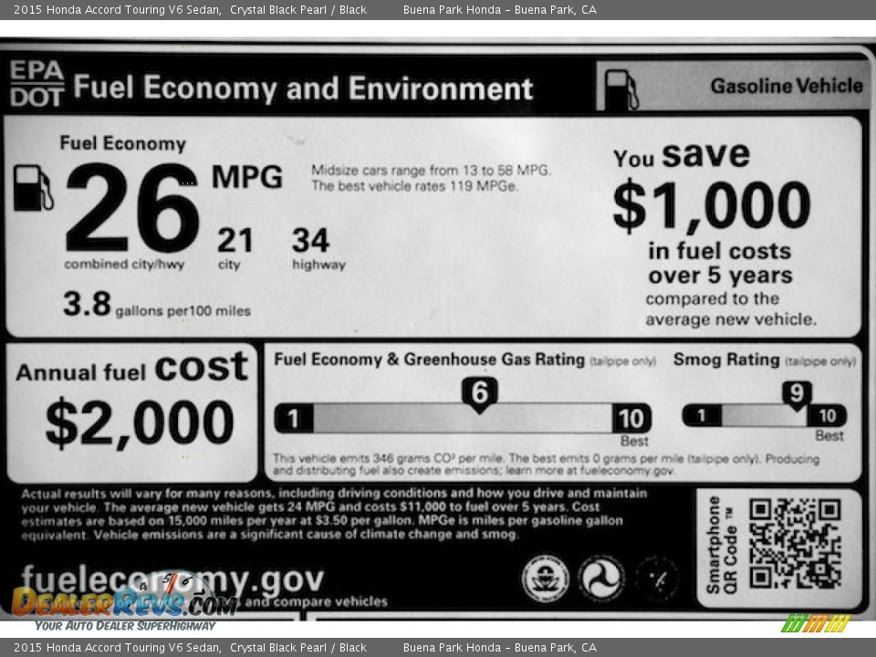 2015 Honda Accord Touring V6 Sedan Crystal Black Pearl / Black Photo #25