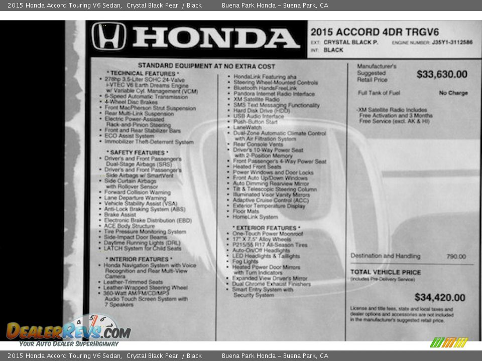 2015 Honda Accord Touring V6 Sedan Crystal Black Pearl / Black Photo #24