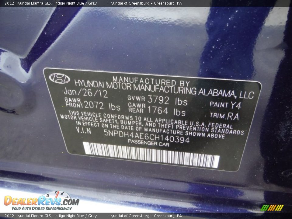 2012 Hyundai Elantra GLS Indigo Night Blue / Gray Photo #24