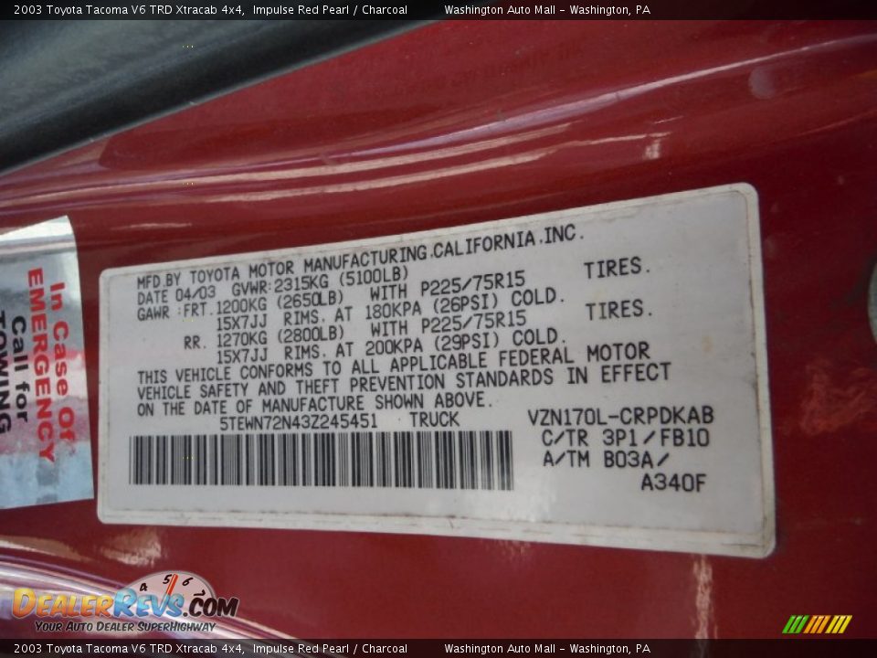 2003 Toyota Tacoma V6 TRD Xtracab 4x4 Impulse Red Pearl / Charcoal Photo #19