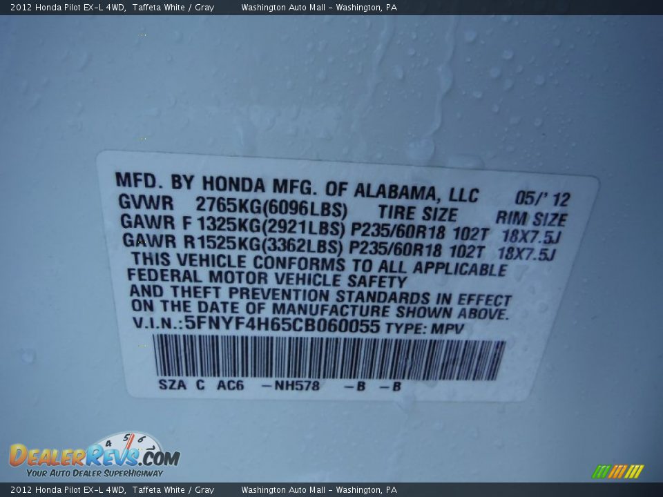 2012 Honda Pilot EX-L 4WD Taffeta White / Gray Photo #19