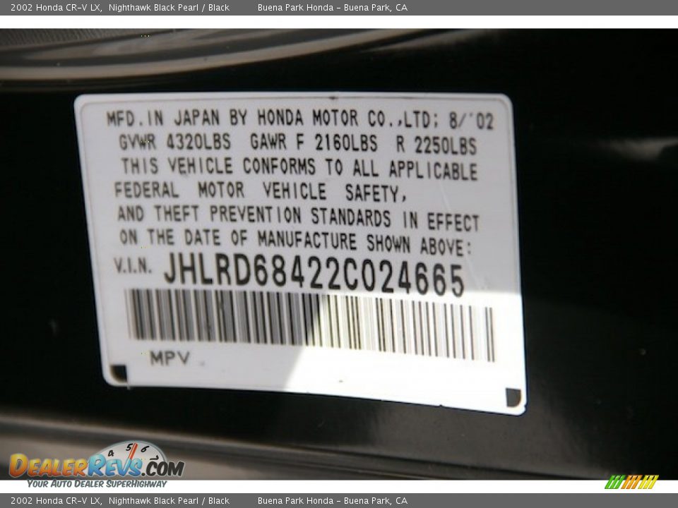 2002 Honda CR-V LX Nighthawk Black Pearl / Black Photo #31