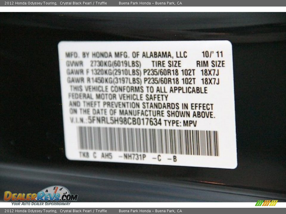2012 Honda Odyssey Touring Crystal Black Pearl / Truffle Photo #36