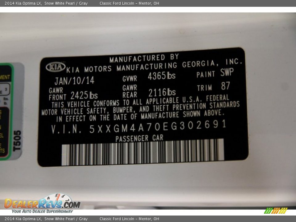 2014 Kia Optima LX Snow White Pearl / Gray Photo #15