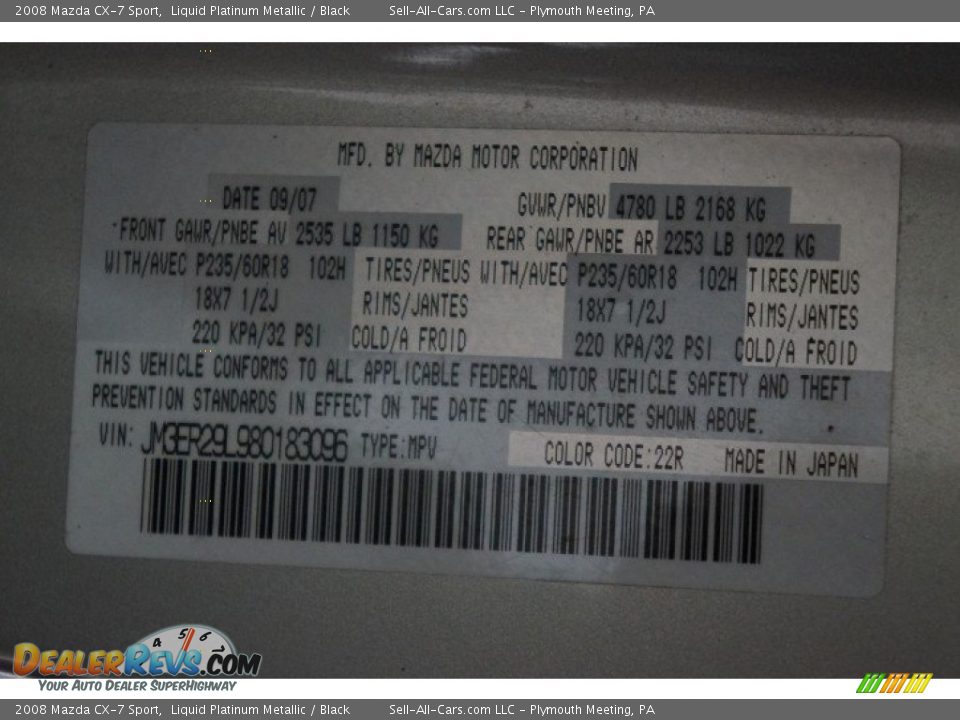 2008 Mazda CX-7 Sport Liquid Platinum Metallic / Black Photo #14