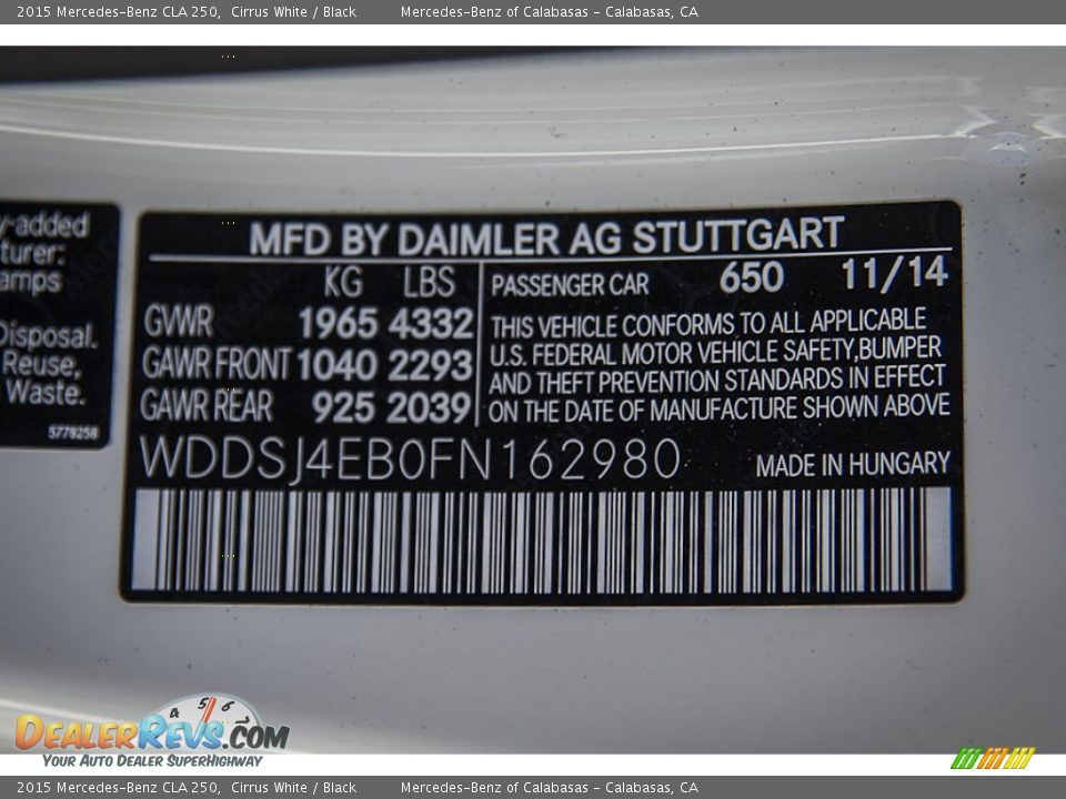 2015 Mercedes-Benz CLA 250 Cirrus White / Black Photo #7