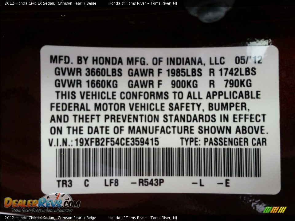 2012 Honda Civic LX Sedan Crimson Pearl / Beige Photo #11