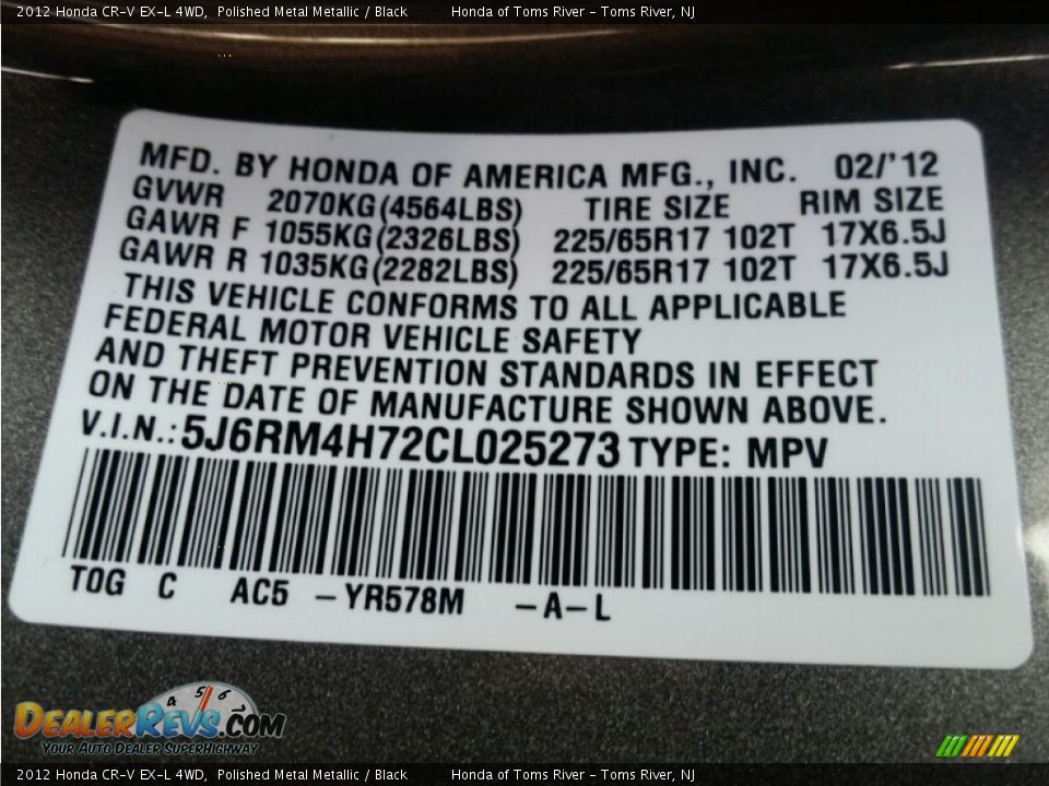 2012 Honda CR-V EX-L 4WD Polished Metal Metallic / Black Photo #11