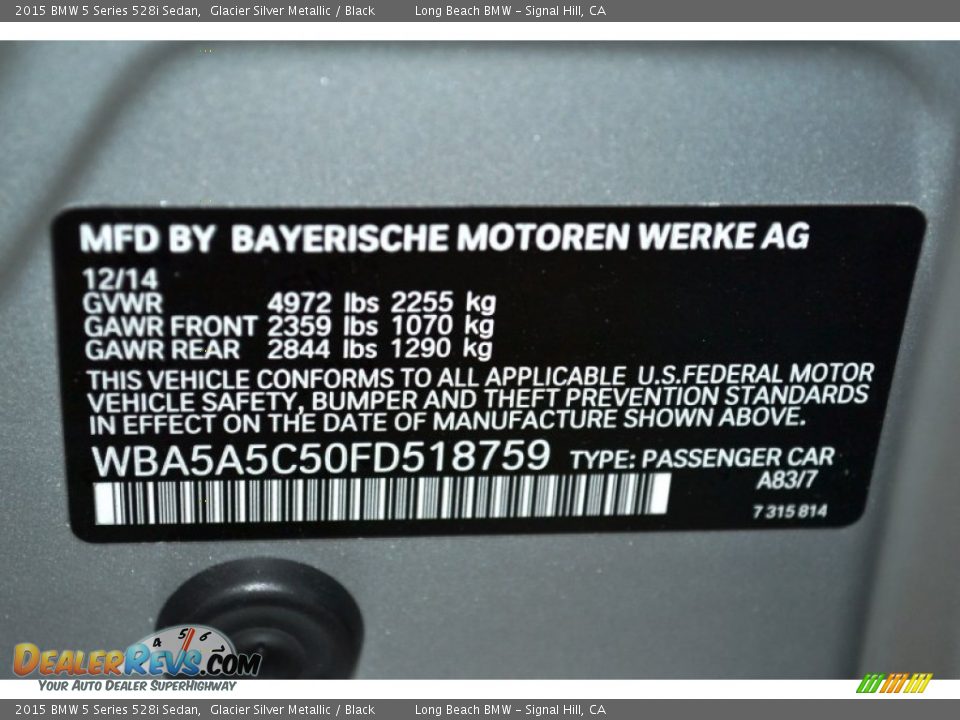 2015 BMW 5 Series 528i Sedan Glacier Silver Metallic / Black Photo #5
