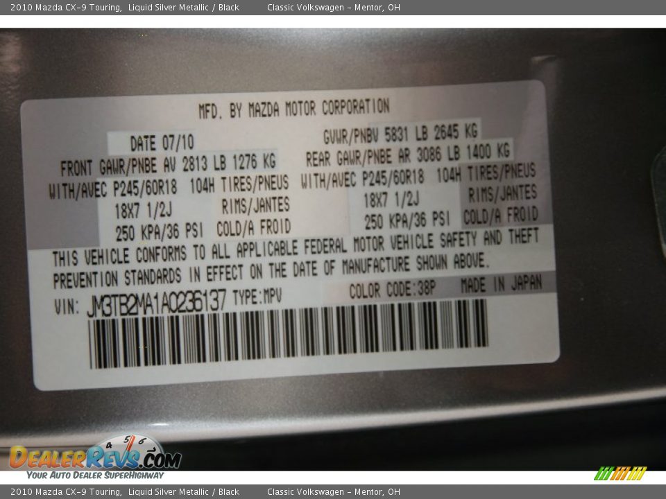 2010 Mazda CX-9 Touring Liquid Silver Metallic / Black Photo #18