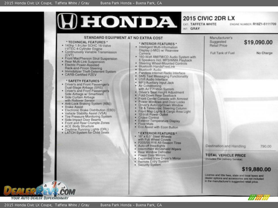 2015 Honda Civic LX Coupe Taffeta White / Gray Photo #17