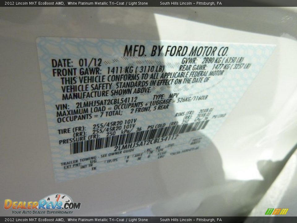 2012 Lincoln MKT EcoBoost AWD White Platinum Metallic Tri-Coat / Light Stone Photo #23