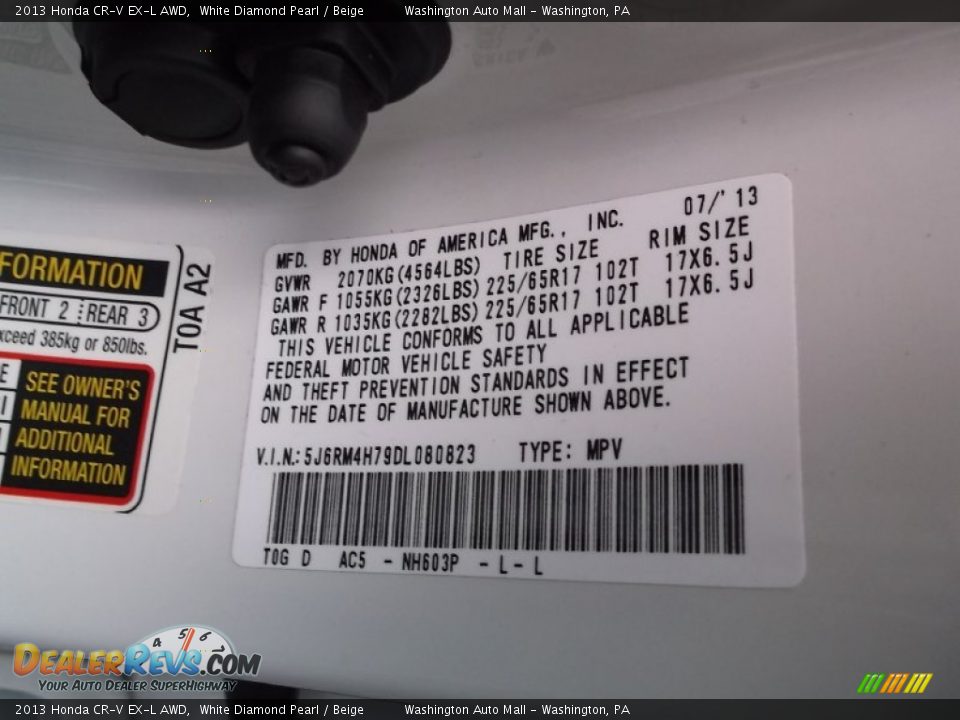 2013 Honda CR-V EX-L AWD White Diamond Pearl / Beige Photo #19