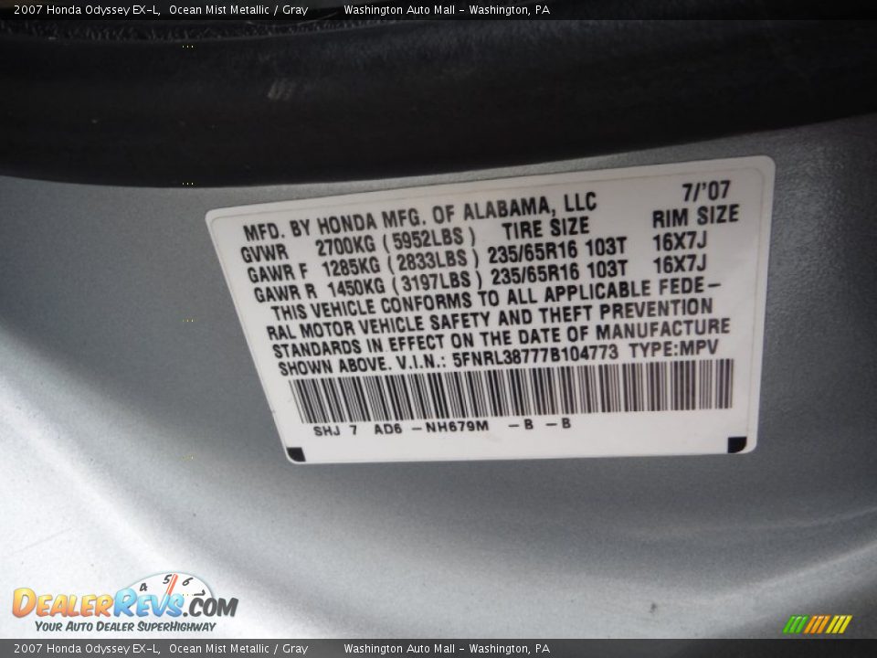 2007 Honda Odyssey EX-L Ocean Mist Metallic / Gray Photo #19