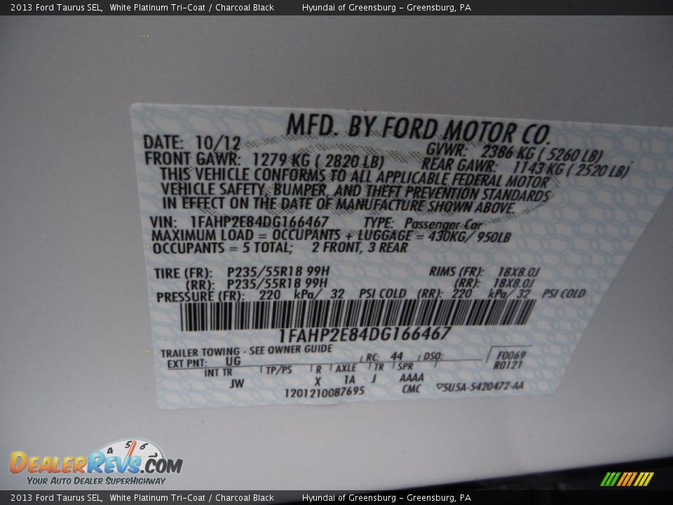 2013 Ford Taurus SEL White Platinum Tri-Coat / Charcoal Black Photo #26