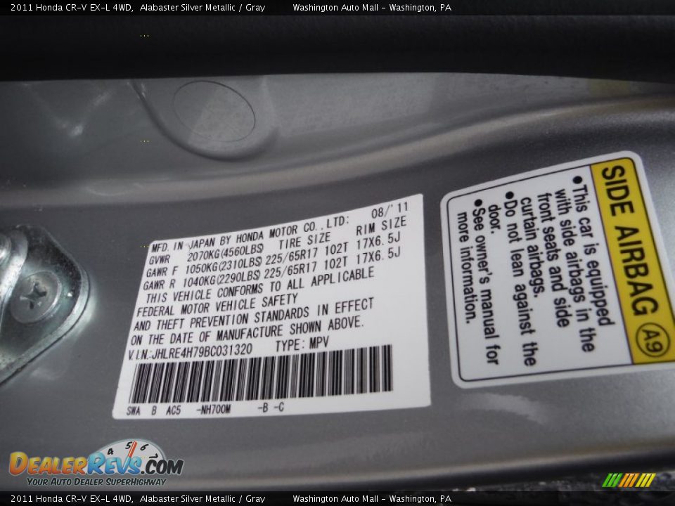 2011 Honda CR-V EX-L 4WD Alabaster Silver Metallic / Gray Photo #21