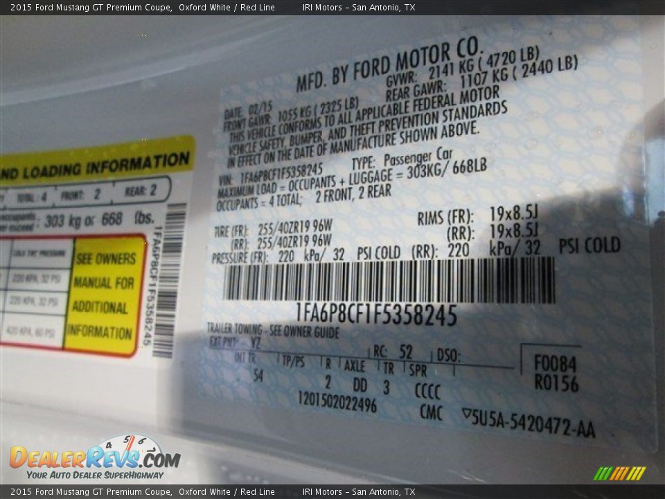 2015 Ford Mustang GT Premium Coupe Oxford White / Red Line Photo #14