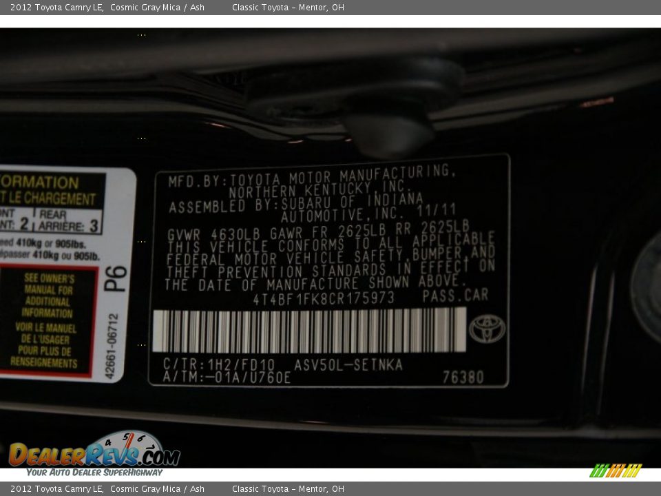 2012 Toyota Camry LE Cosmic Gray Mica / Ash Photo #17