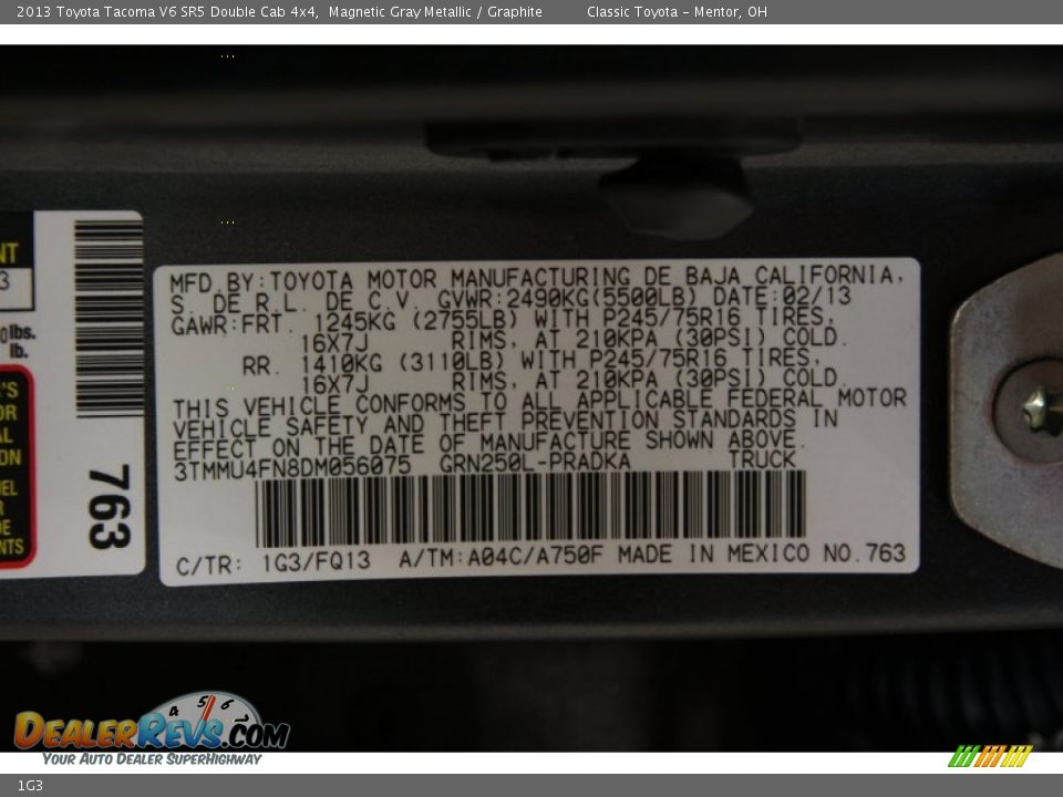 Toyota Color Code 1G3 Magnetic Gray Metallic