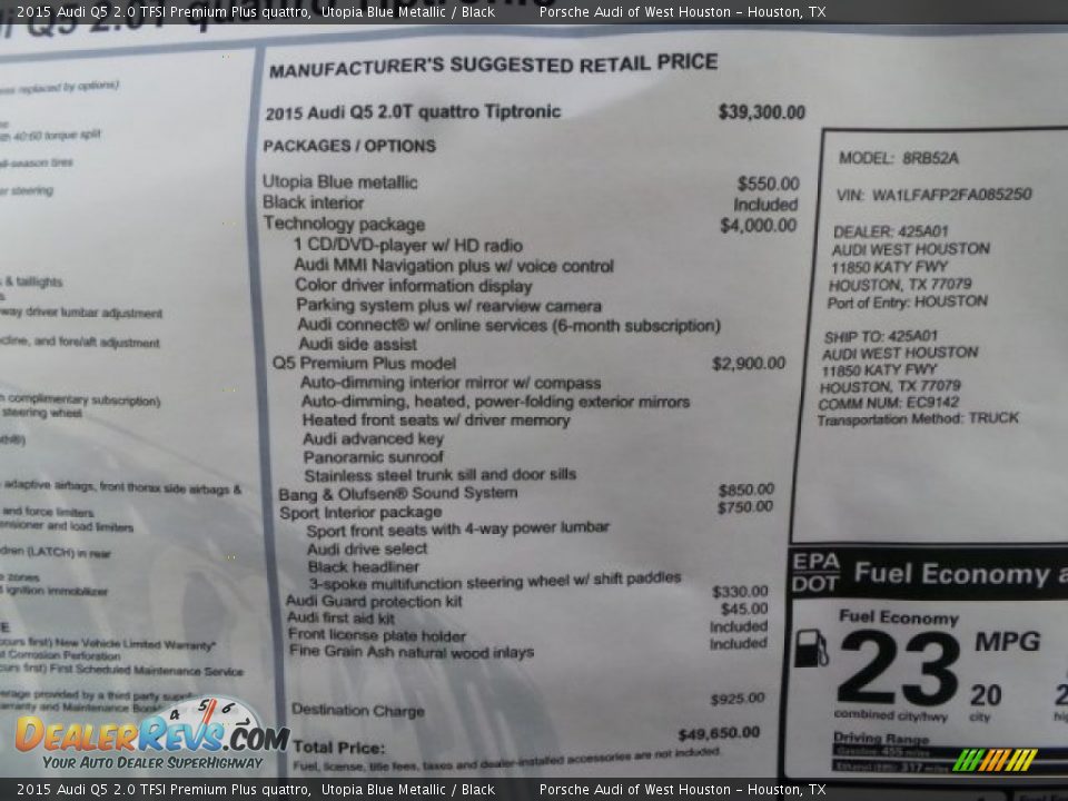 2015 Audi Q5 2.0 TFSI Premium Plus quattro Utopia Blue Metallic / Black Photo #33