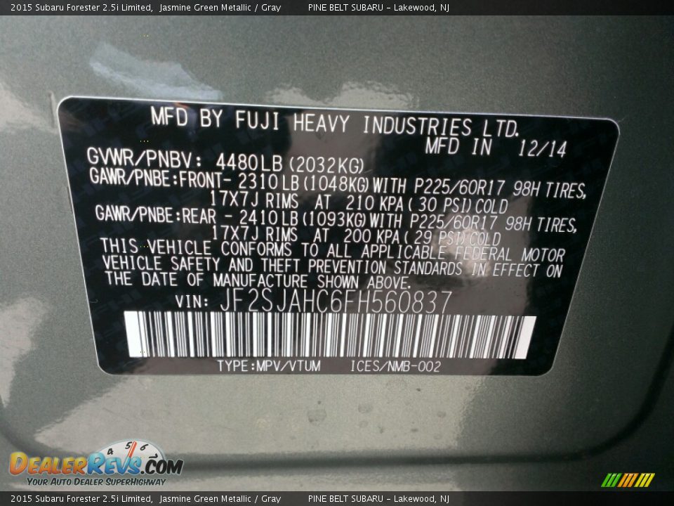 2015 Subaru Forester 2.5i Limited Jasmine Green Metallic / Gray Photo #9