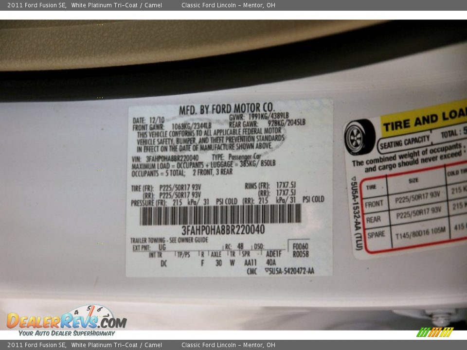 2011 Ford Fusion SE White Platinum Tri-Coat / Camel Photo #15