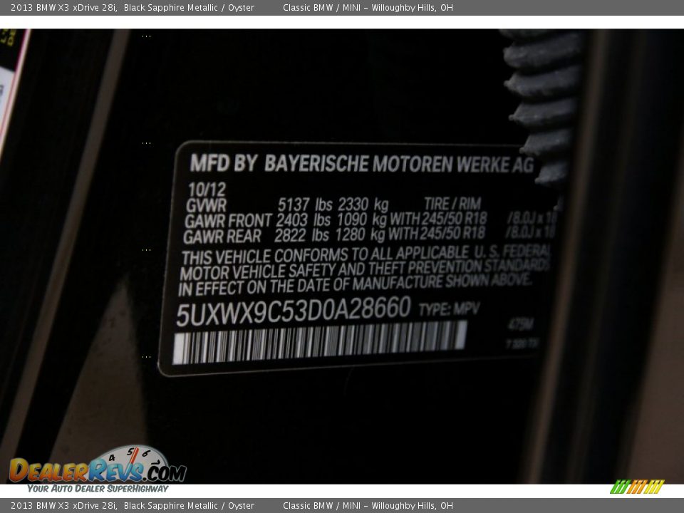 2013 BMW X3 xDrive 28i Black Sapphire Metallic / Oyster Photo #16