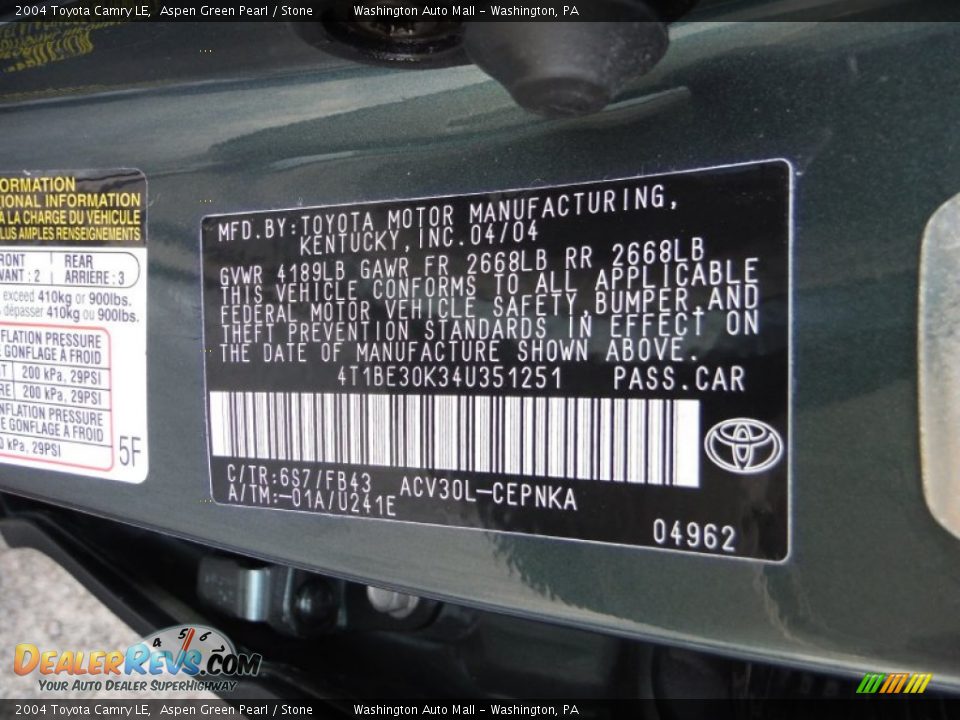 2004 Toyota Camry LE Aspen Green Pearl / Stone Photo #19
