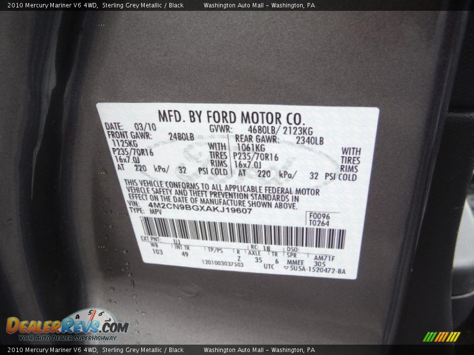 2010 Mercury Mariner V6 4WD Sterling Grey Metallic / Black Photo #19