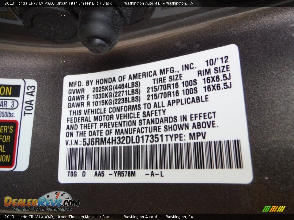 2013 Honda CR-V LX AWD Urban Titanium Metallic / Black Photo #21