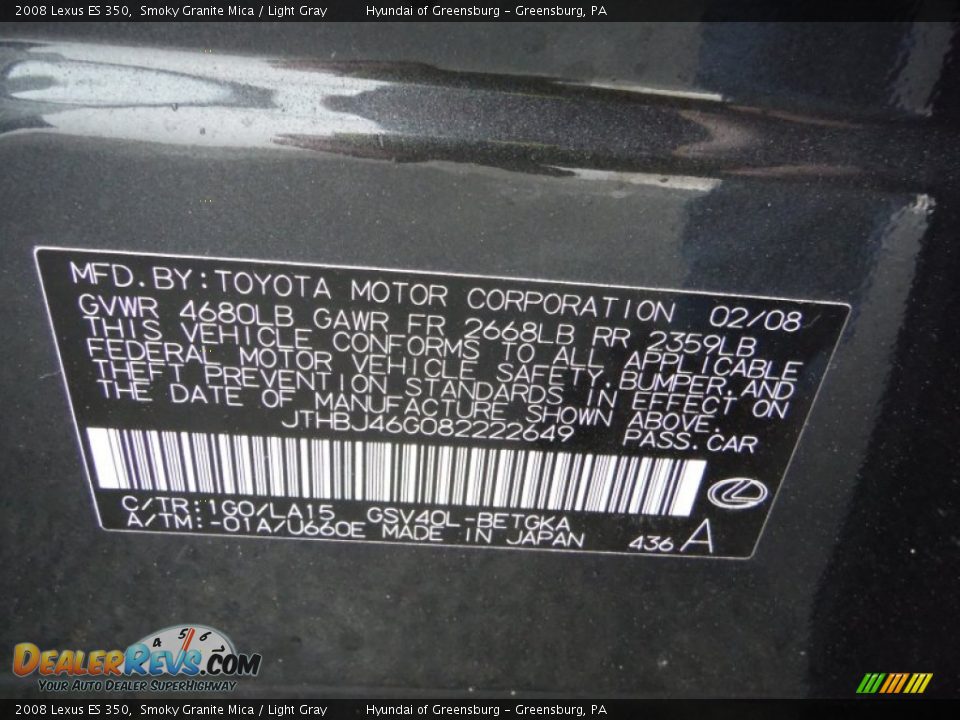 2008 Lexus ES 350 Smoky Granite Mica / Light Gray Photo #34